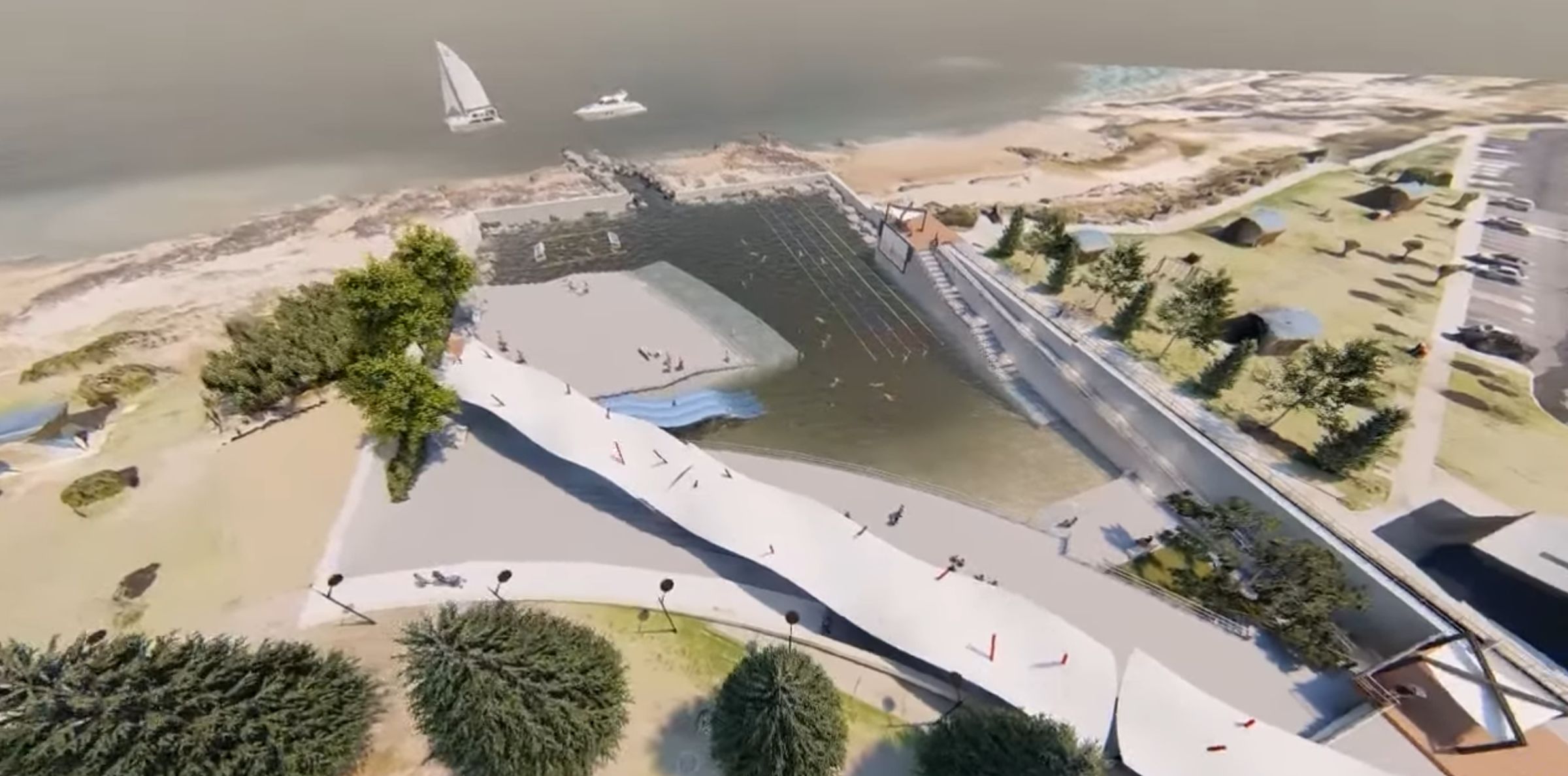 Aerial view of the proposed ocean pool at Wyalup Rocky Point, showing lap lanes set into the basalt shelf, a shade canopy and pathways along the foreshore.